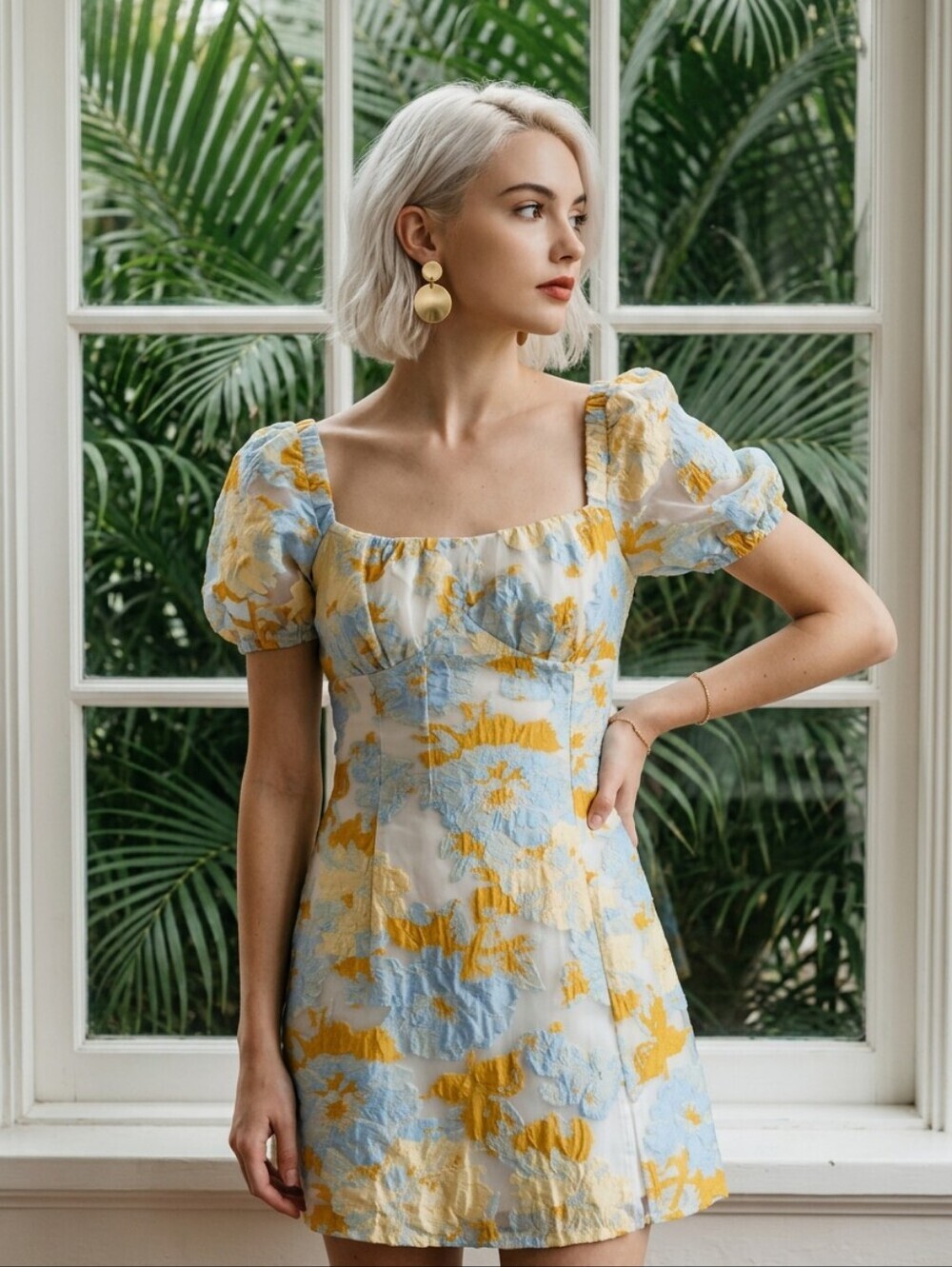 R3VERSE Regency Glam Whimsy Mini Dress M Yellow Blue Floral UpholstryPuff Sleeve